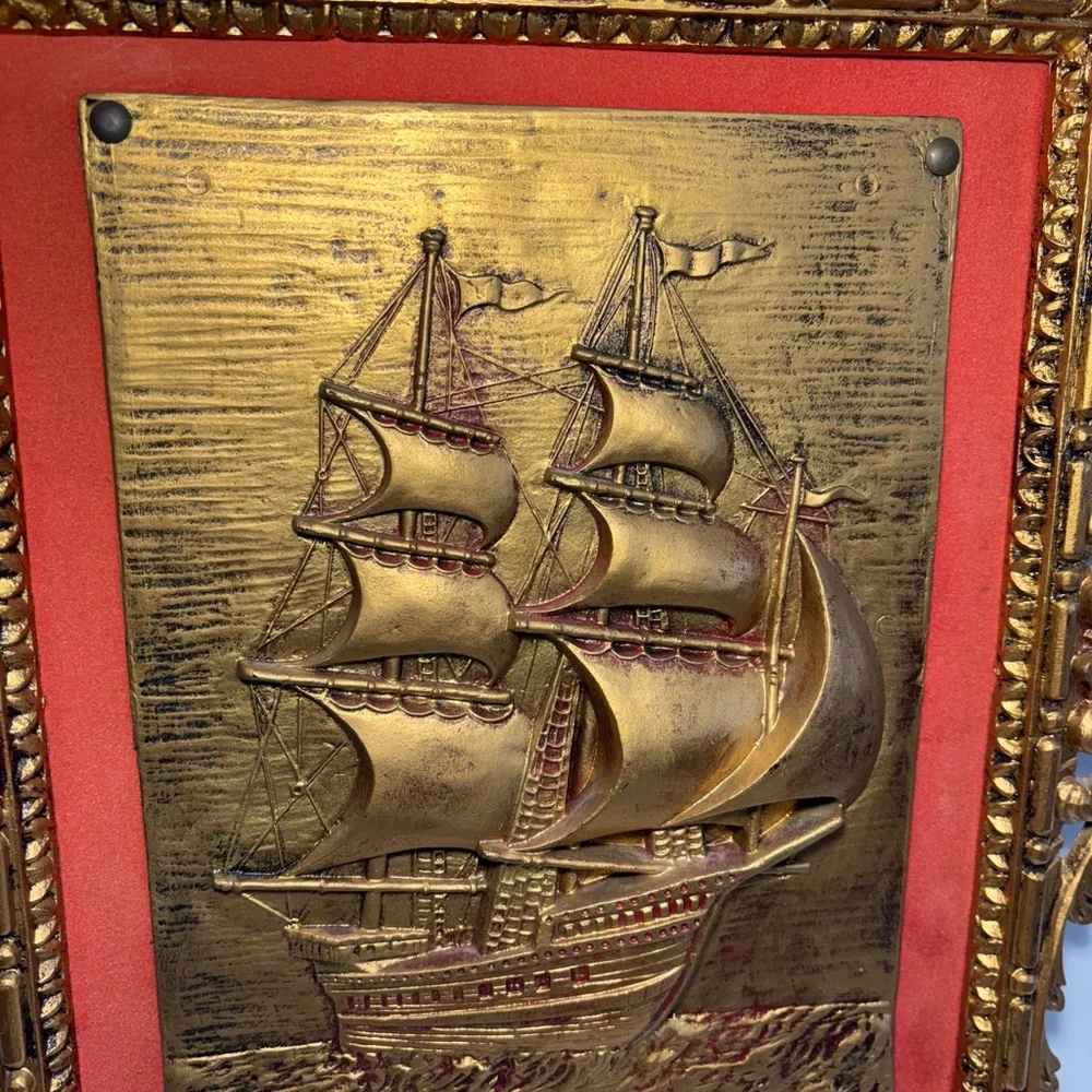 VTG Ornately Framed Schooner Ship Italy Red Velvet Matte Wall Hanging Goldtone